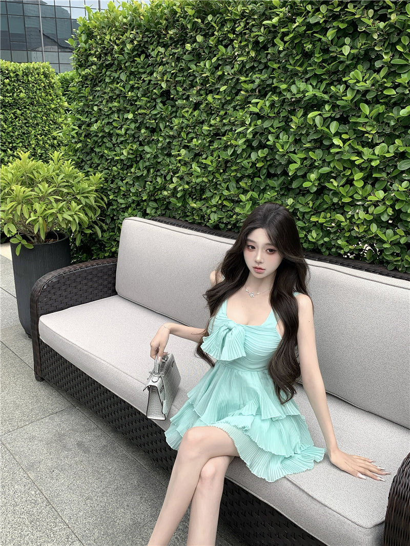 夏日甜美薄荷綠可愛連身短洋裝