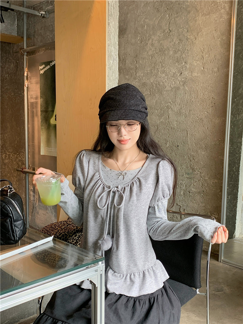韓版甜美荷葉邊開衫波點兩件套