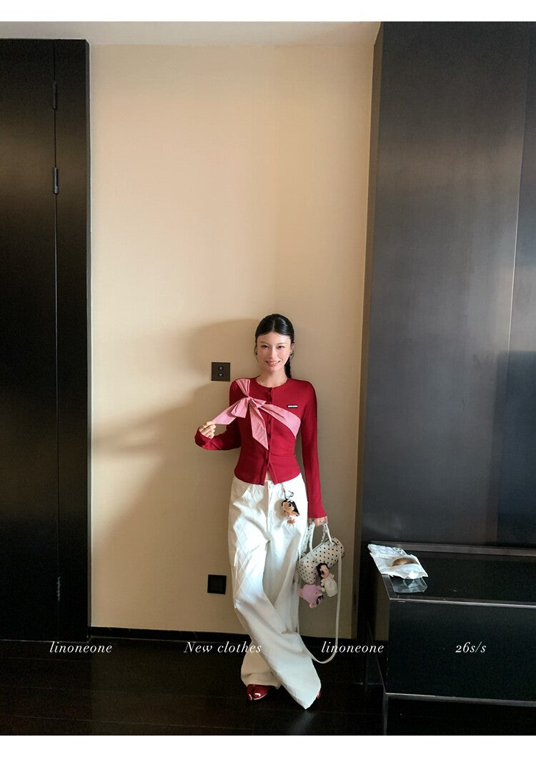 雙色格紋蝴蝶結設計感撞色針織上衣