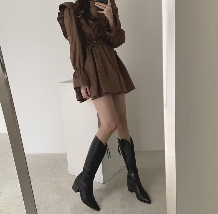 復古V領交叉荷葉邊小個子連衣裙