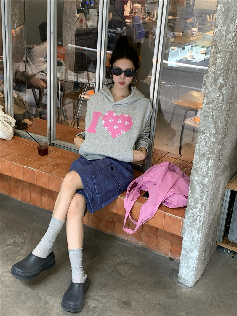 韓系可愛風愛心印花連帽衛衣