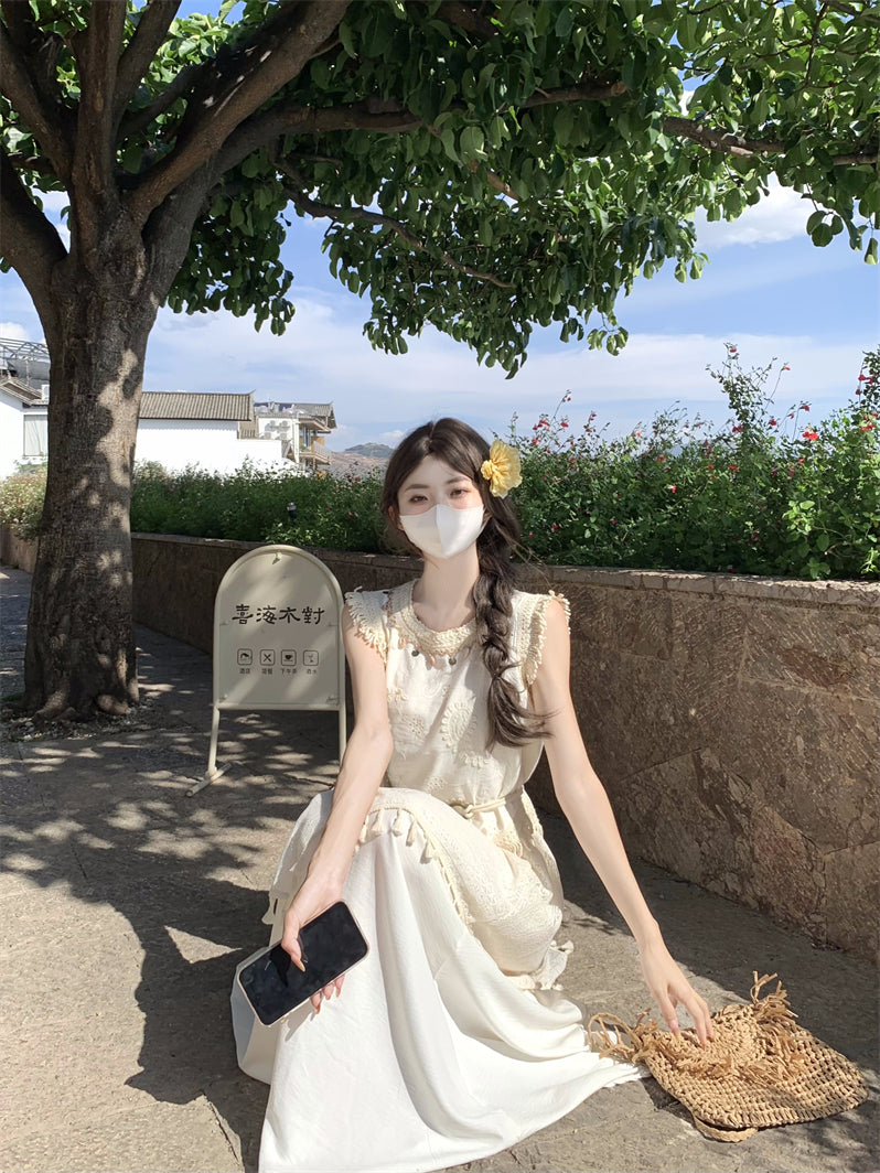 波西米亞不規則流蘇馬甲上衣女度假風半身裙套裝