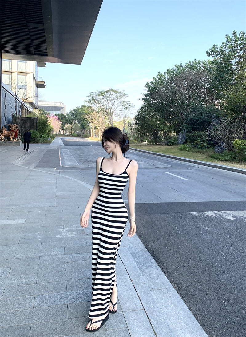 辣妹修身開叉露背條紋長裙