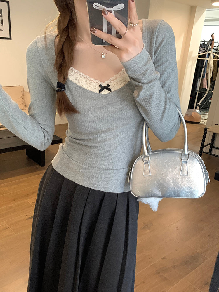 小香風質感拼接蕾絲上衣