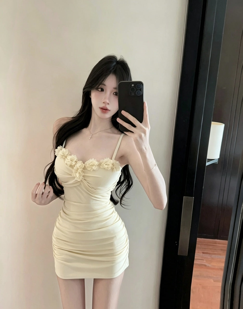 純欲風花朵拼接吊帶連衣裙