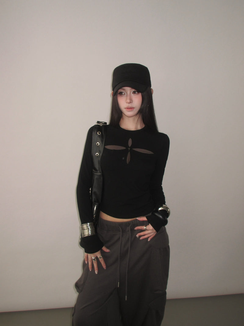 辣妹鏤空網紗拼接燙鑽長袖