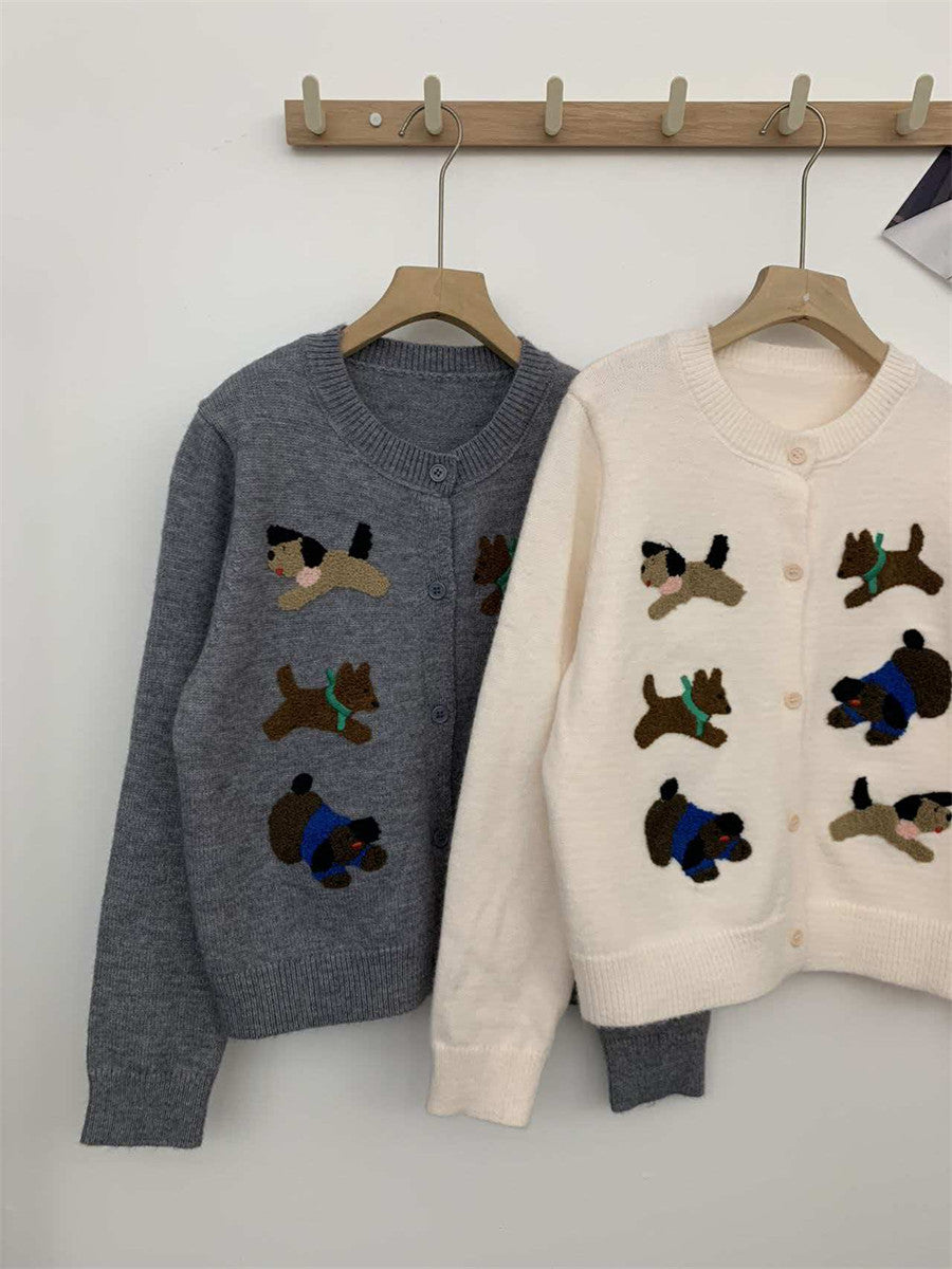 簡約韓系復古鬆弛感小狗勾刺繡針織上衣