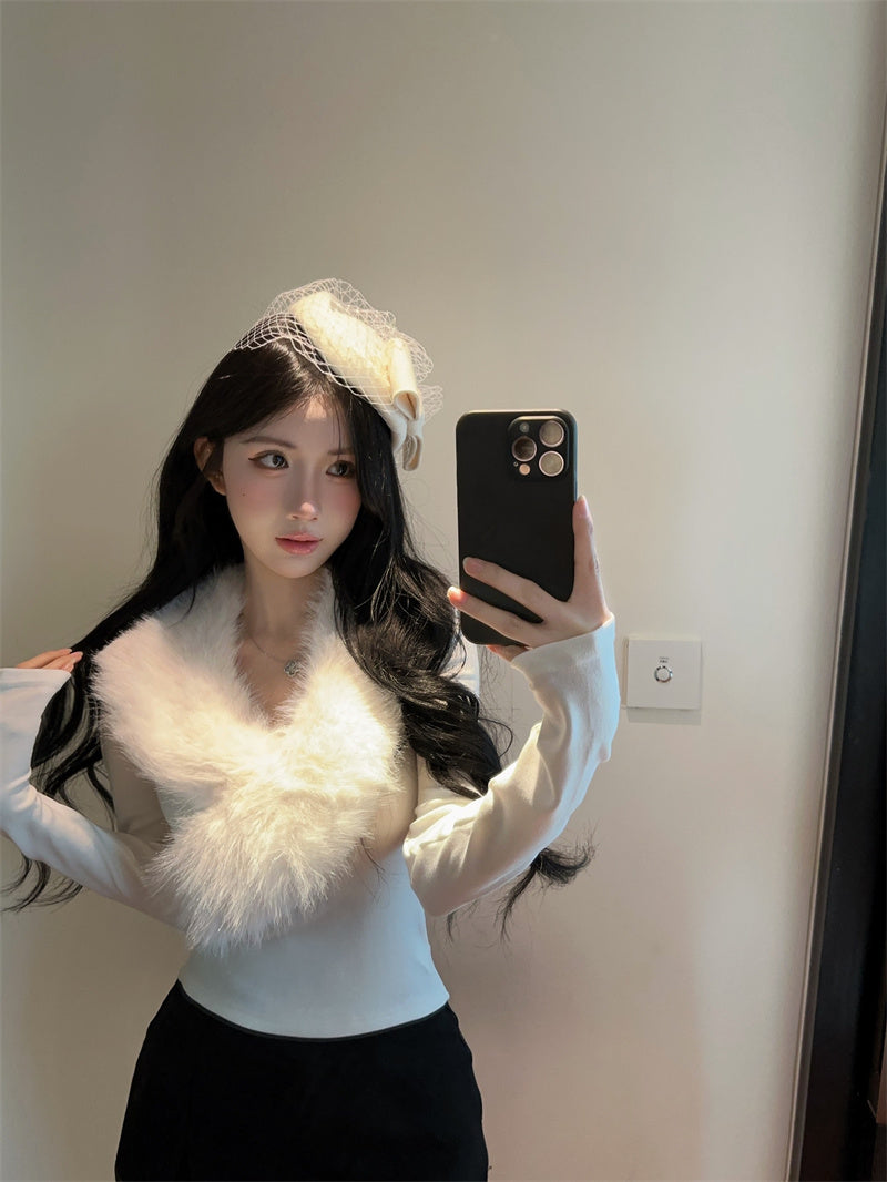 純欲辣妹毛領拼接V領內搭打底衫