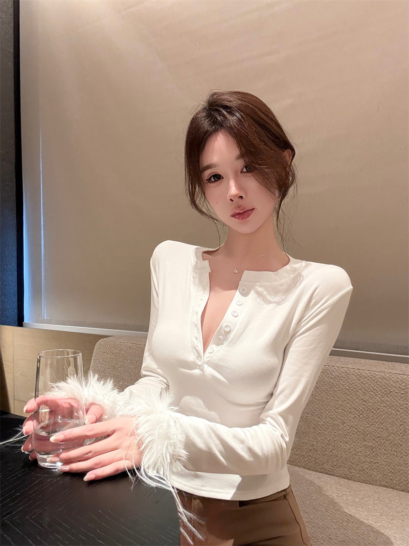 半扣圓領長袖毛毛拼接內搭上衣