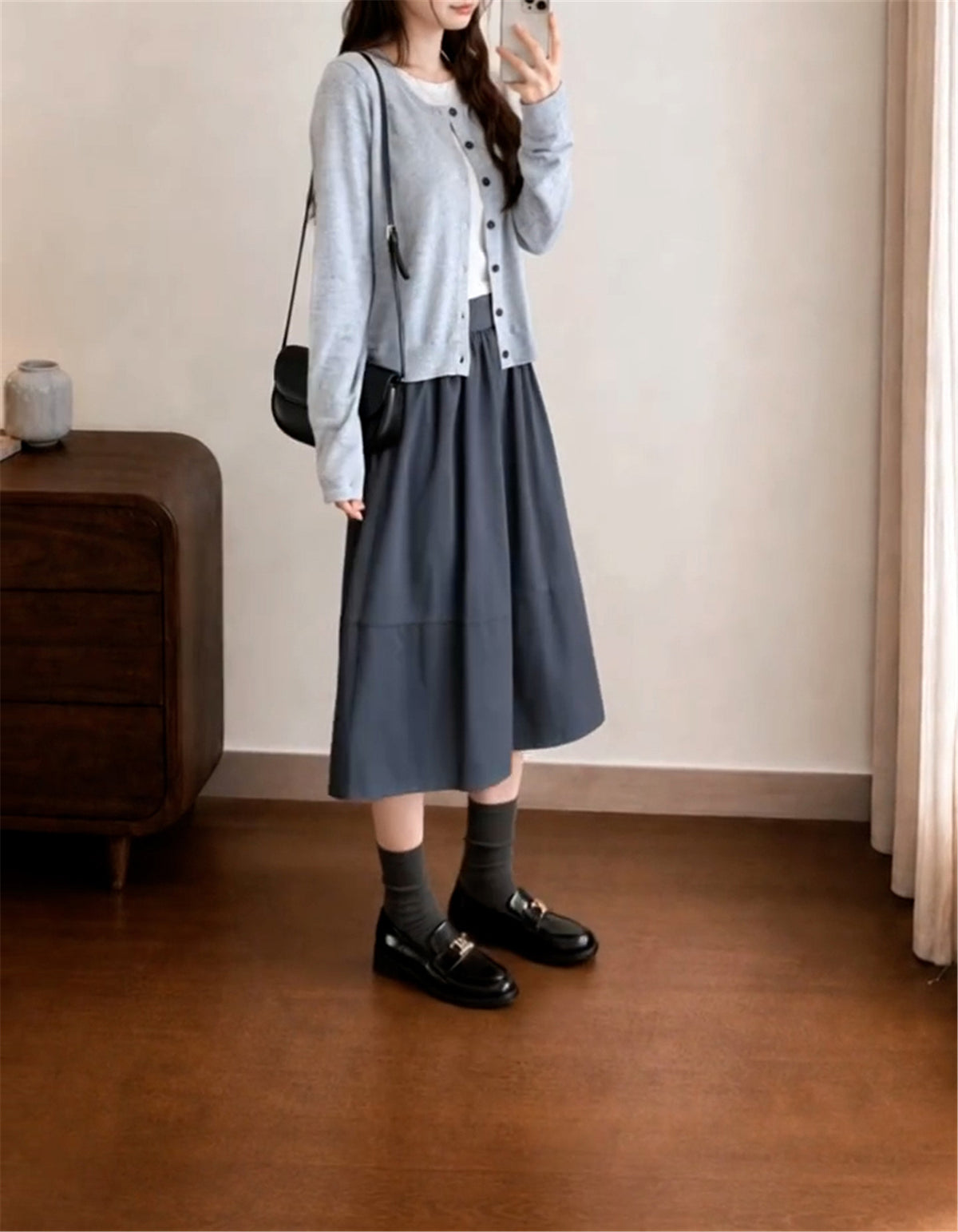 休閒氣質灰色針織開衫半身裙