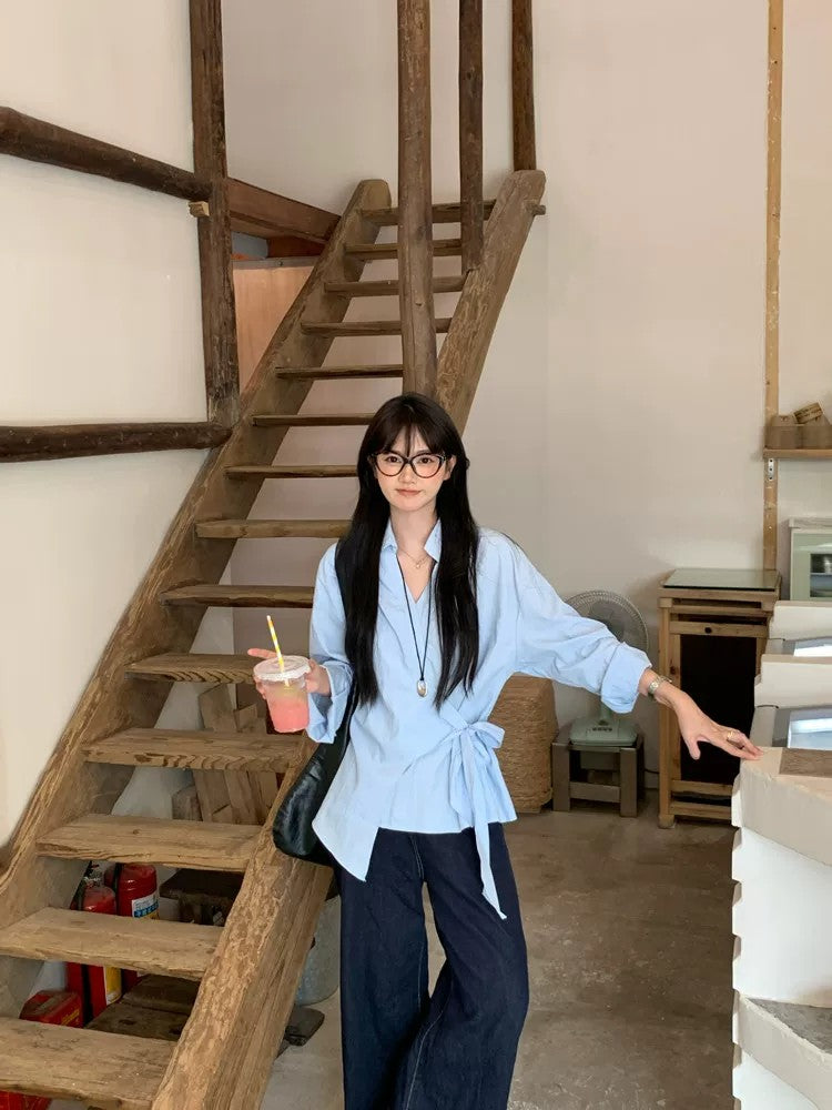 韓系設計感藍色不規則綁帶上衣