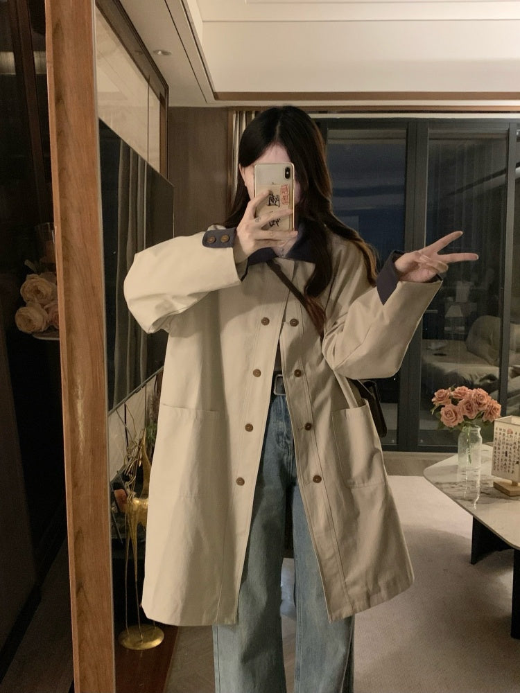 🐾拼接撞色卡其風衣外套💕春秋必備中長版外套
