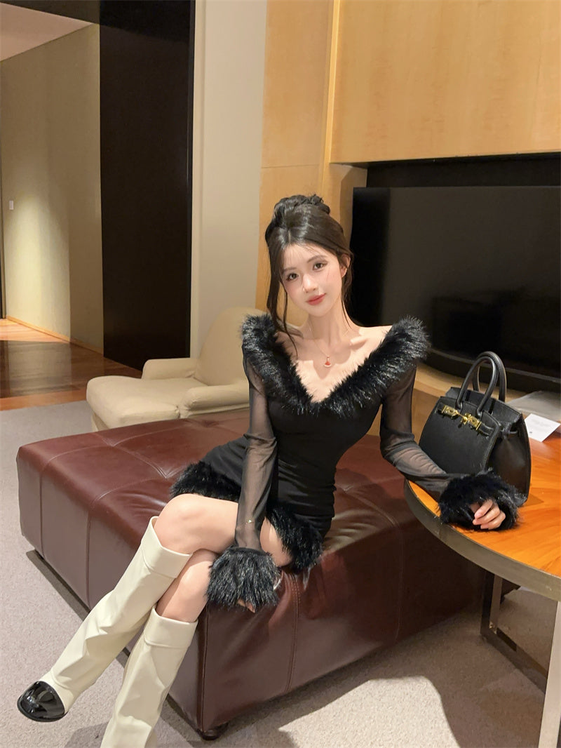 純欲性感辣妹毛毛領微透高腰連衣裙