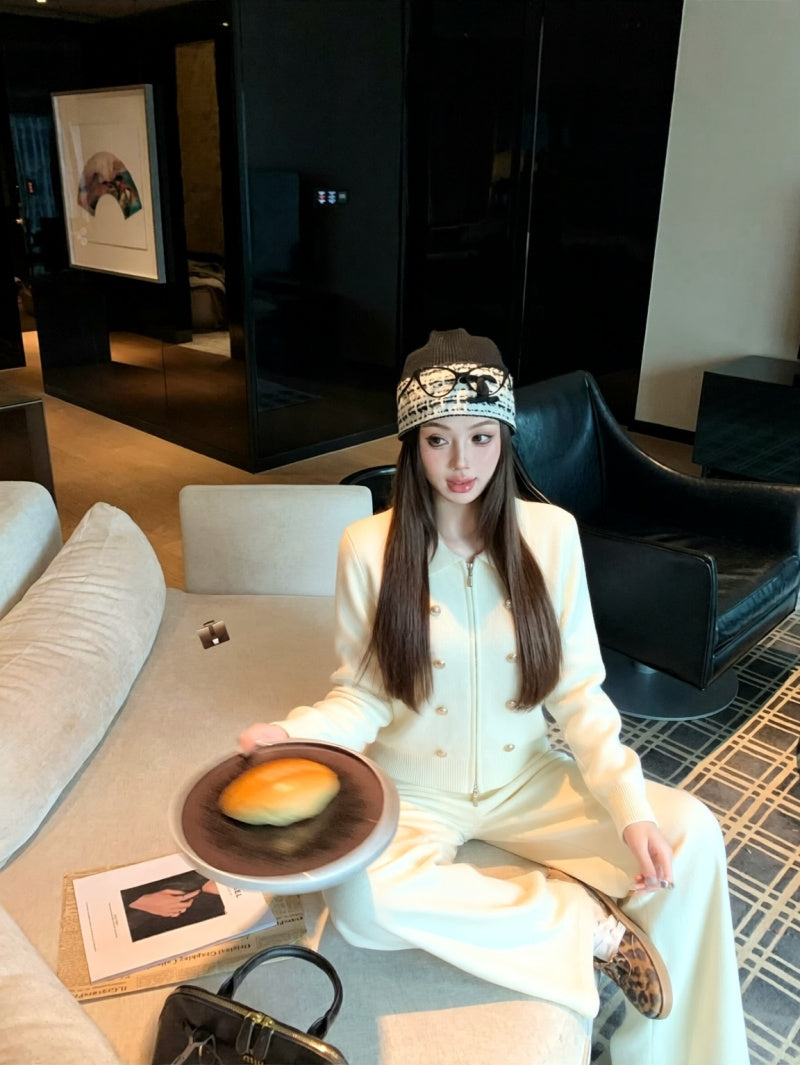 氣質小香風翻領上衣針織褲子套裝