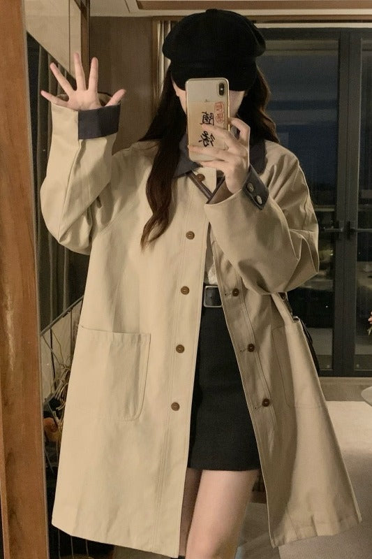 🐾拼接撞色卡其風衣外套💕春秋必備中長版外套