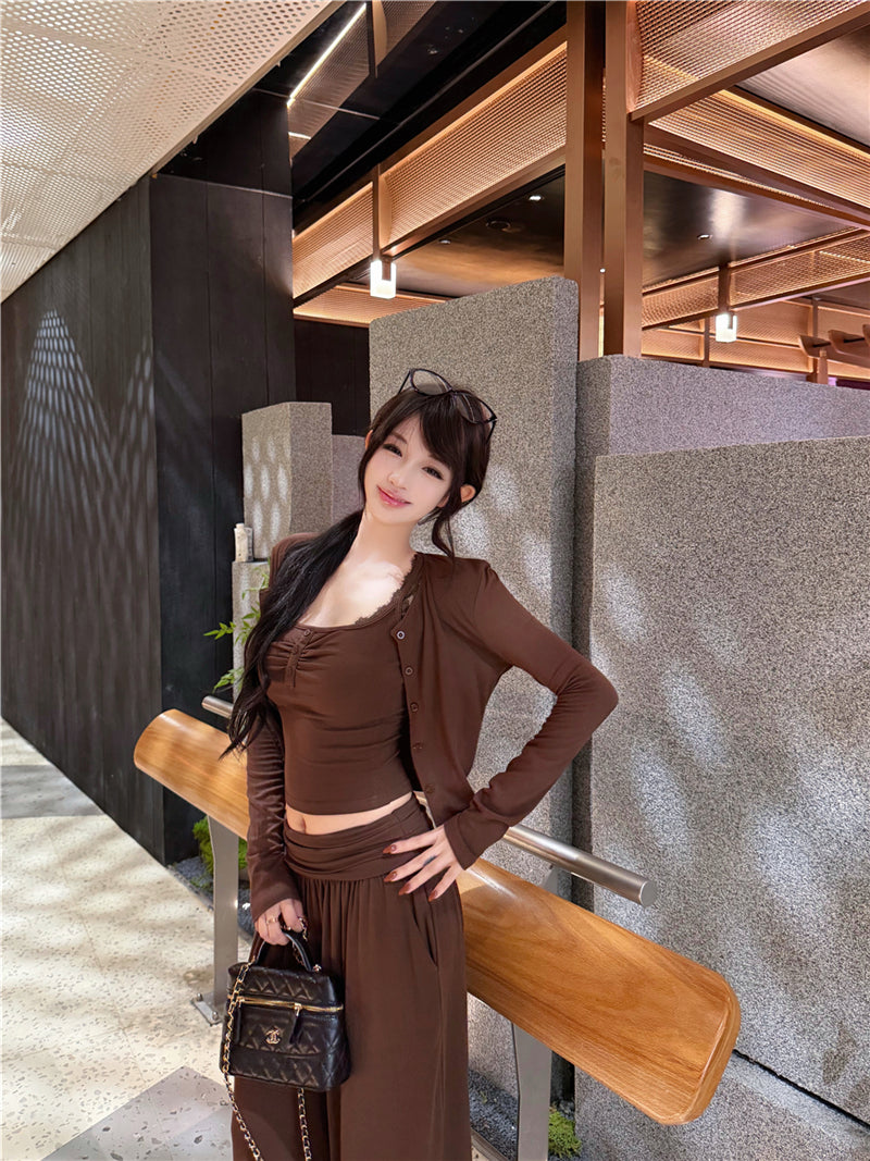 氣質性感蕾絲吊帶背心外套褲子三件套
