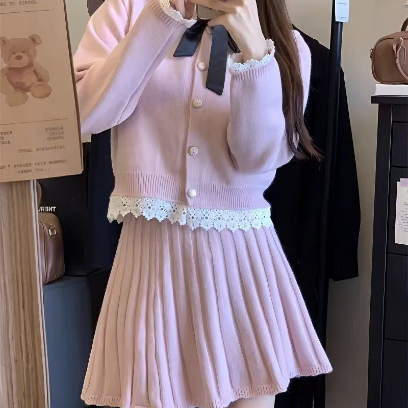 小香風蝴蝶結花邊百褶半身裙套裝