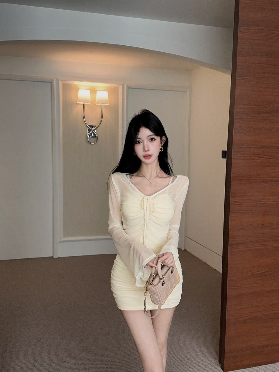 純欲辣妹性感蕾絲拼接開衫+修身吊帶連衣裙