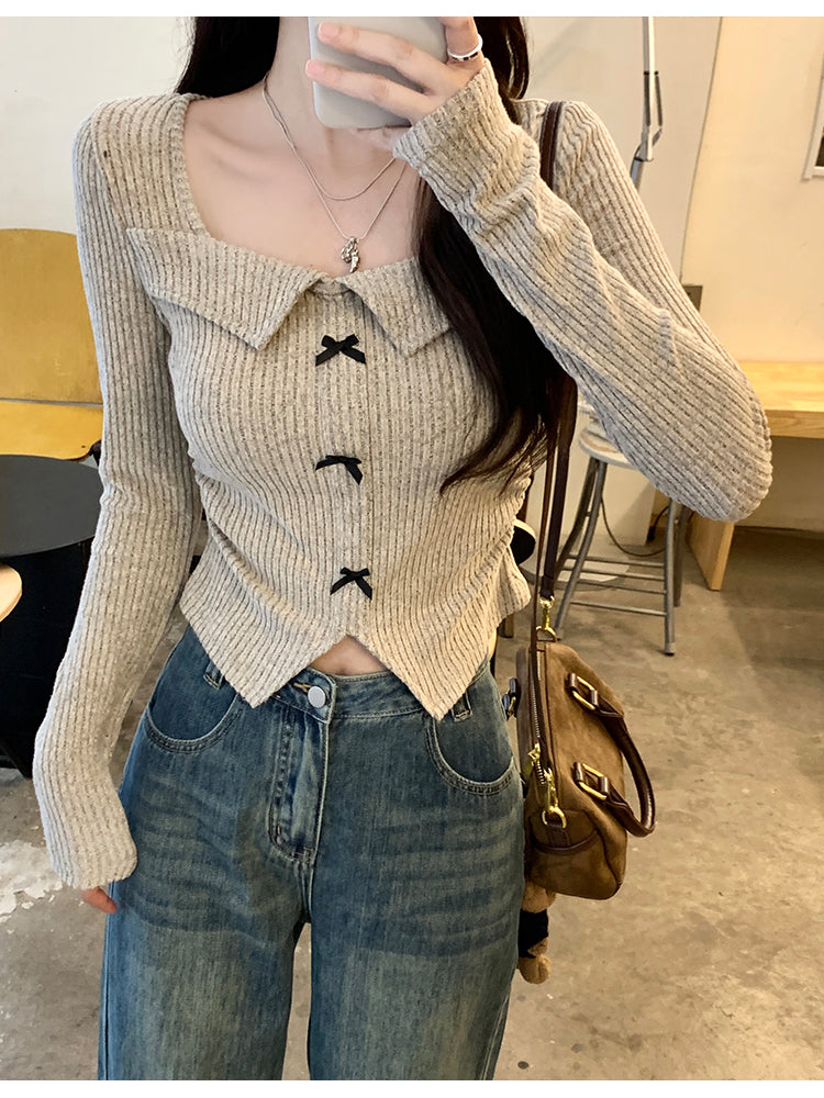 美式覆古辣妹蝴蝶結方領長袖