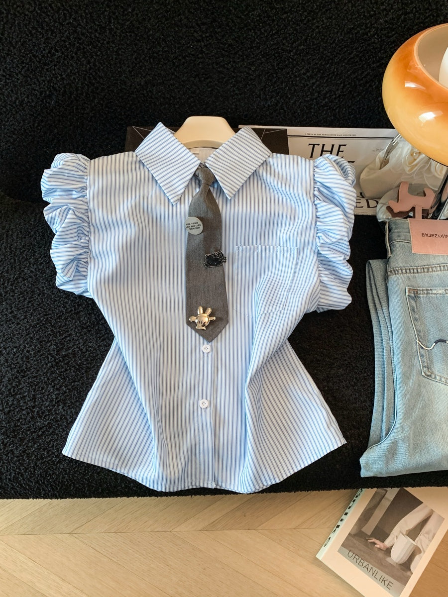 小飛袖襯衫辣妹修身顯瘦學院風甜美條紋襯衫褶皺上衣