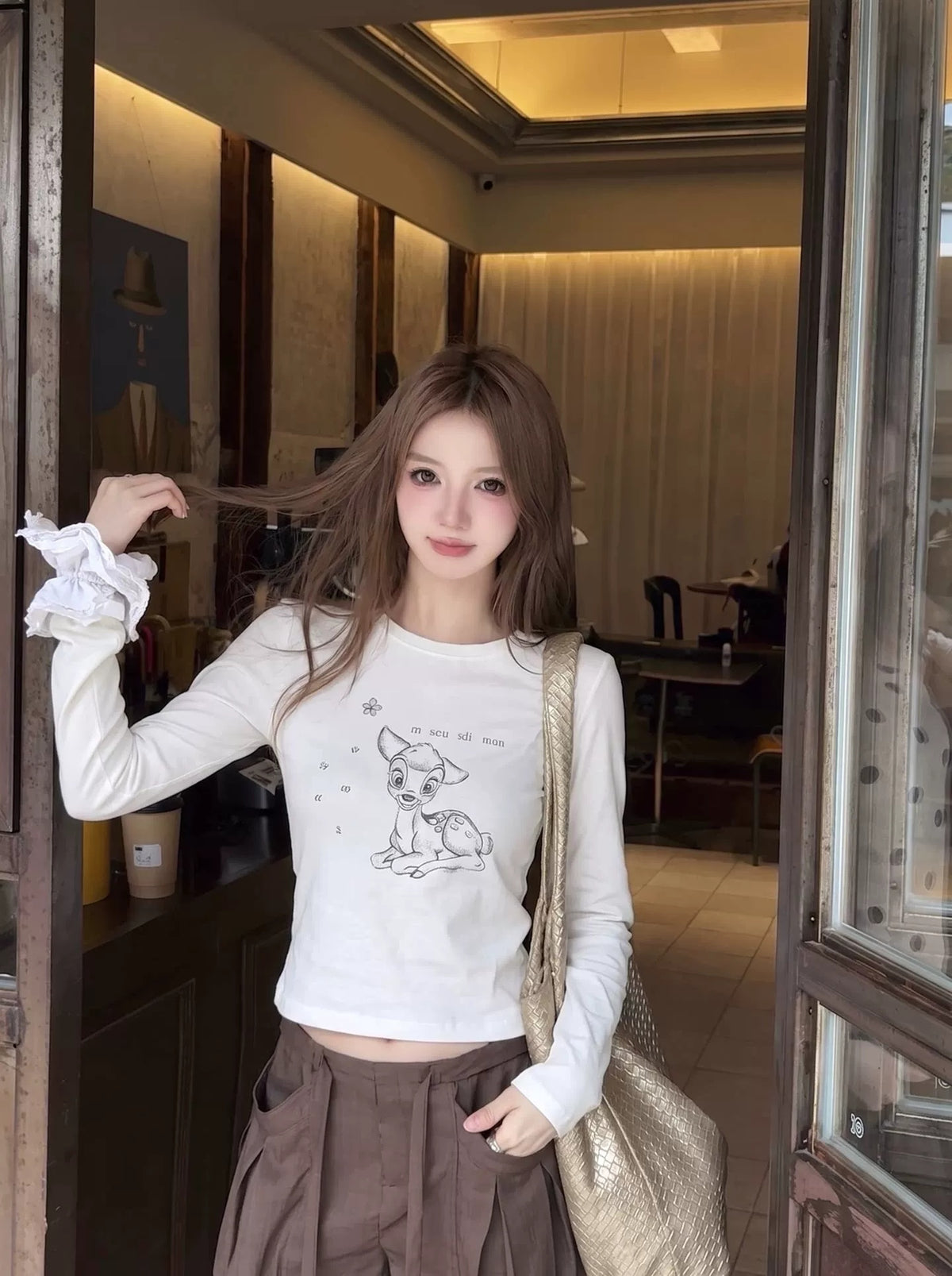 可愛風小鹿印花內搭上衣