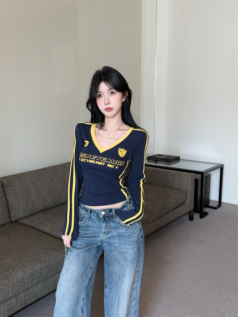 辣妹純欲薄款修身V領上衣