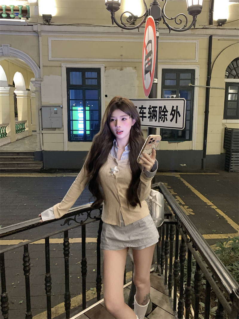 韓系穿搭假兩件襯衫套裝裙