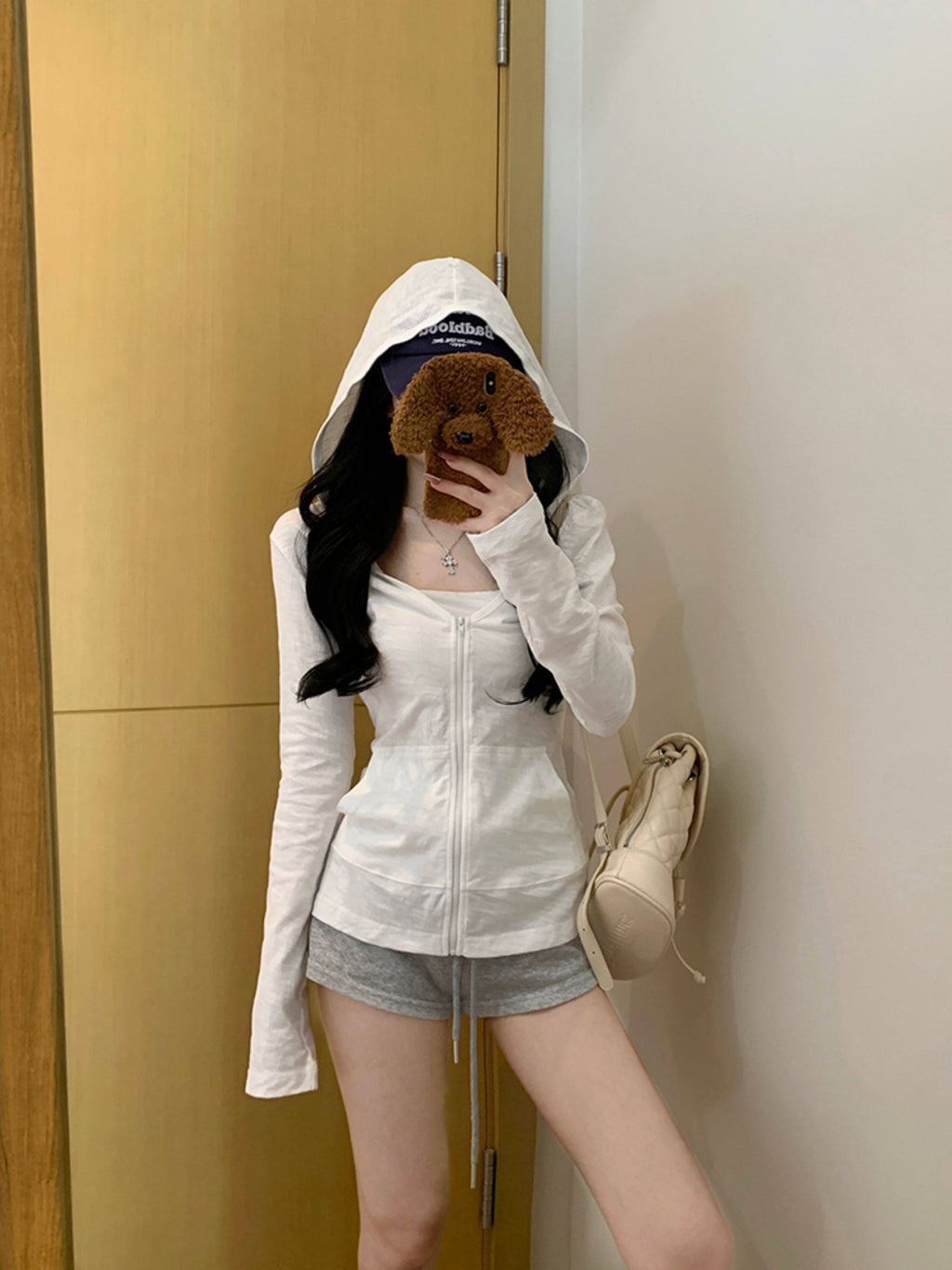 純欲風miu系白色連帽拉鏈防曬薄款外套開衫女長袖T恤上衣
