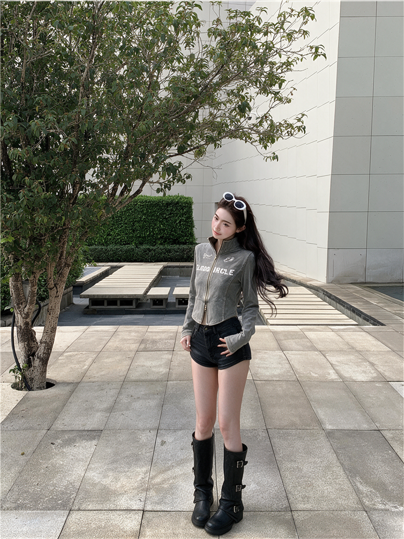 美式水洗立領拉鏈印花字母外套
