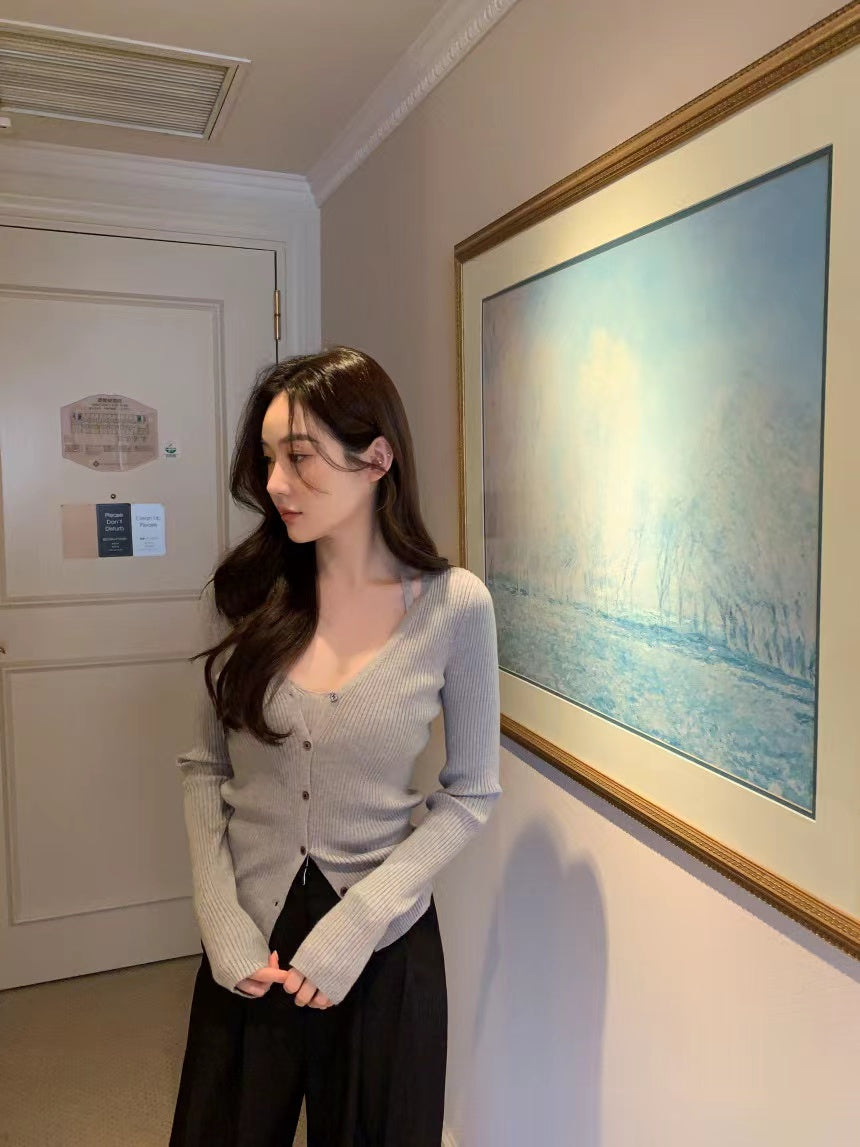 氣質復古Ｖ領針織背心開衫套裝