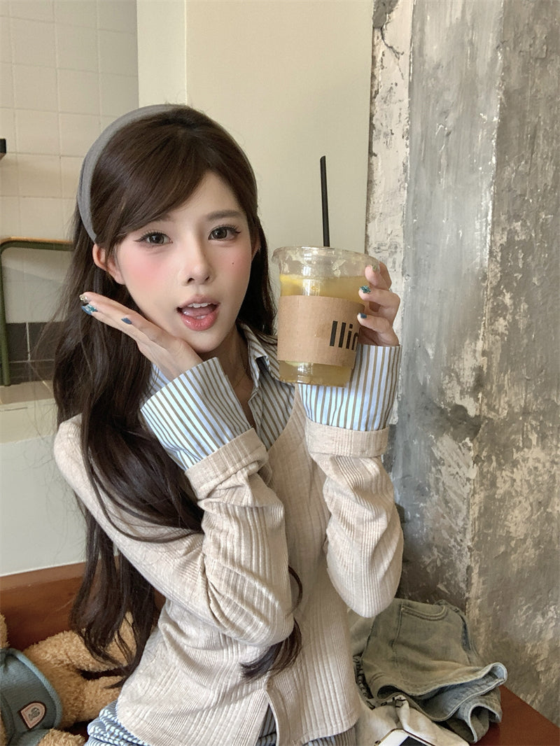 韓系穿搭假兩件襯衫套裝裙