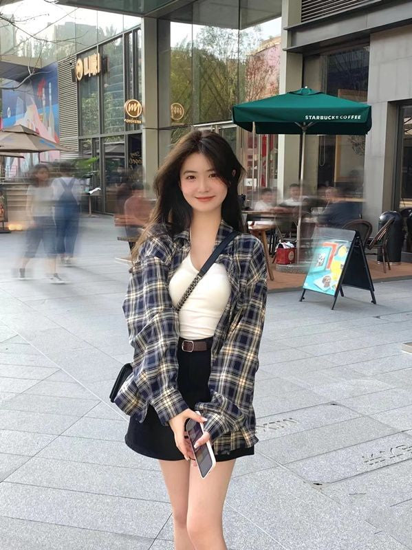 復古格子襯衫外套上衣