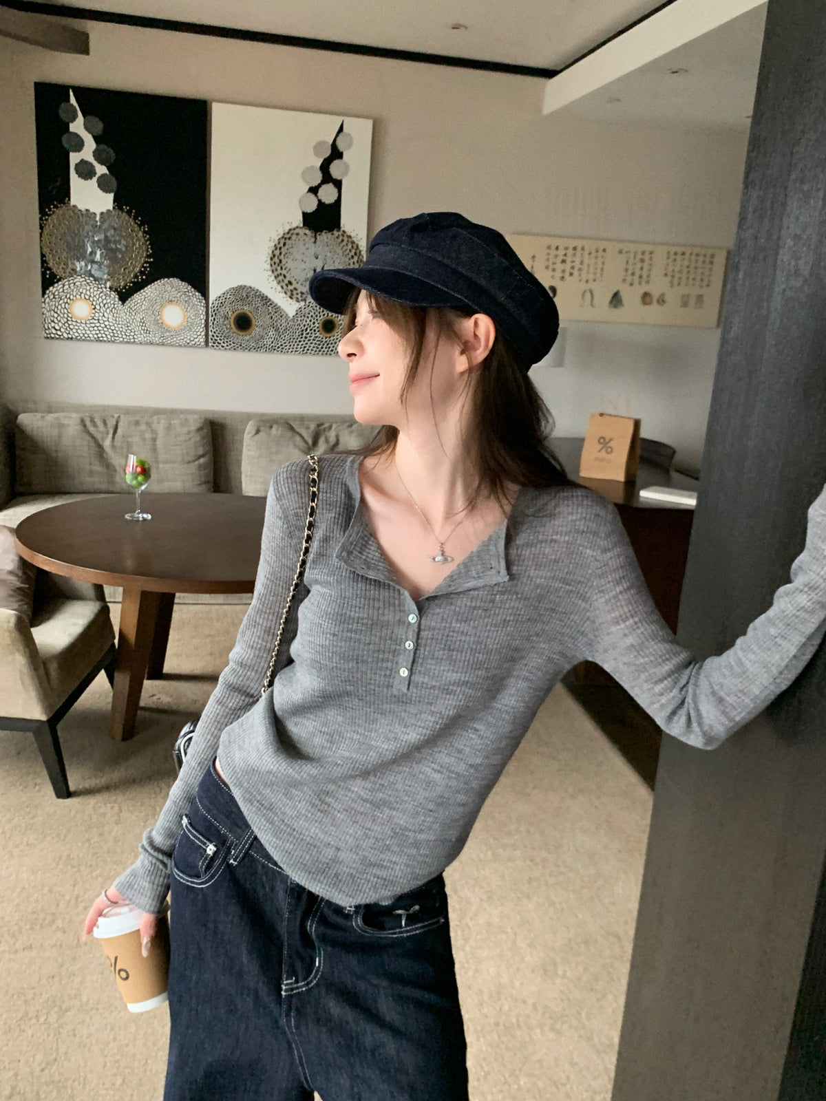 翻領修身顯瘦v領內搭上衣