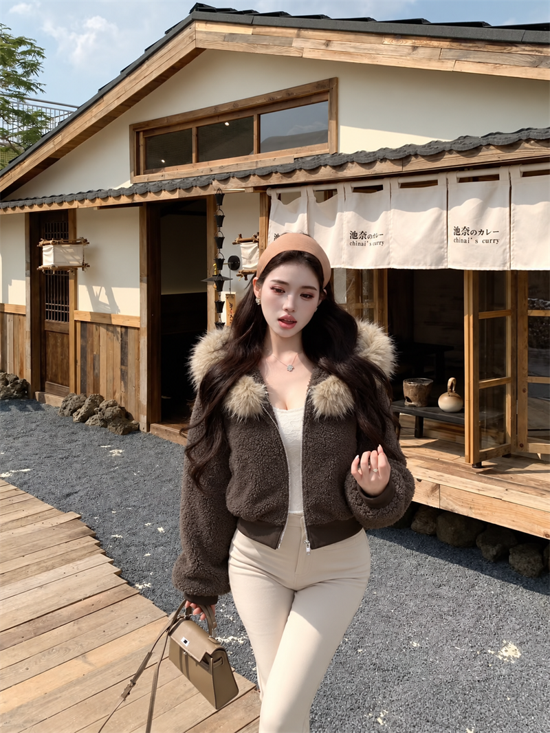美式復古風保暖加厚毛領外套
