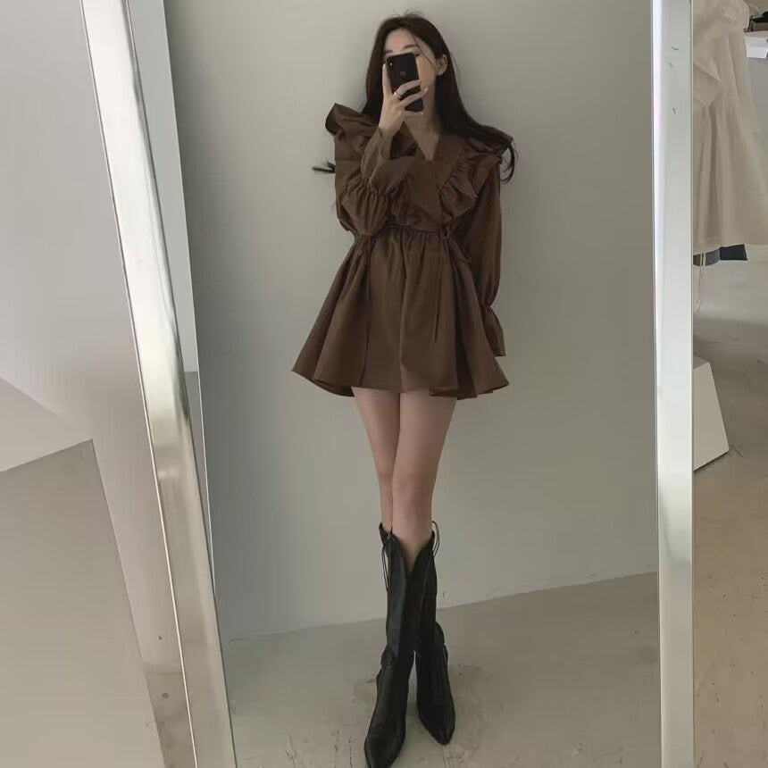 復古V領交叉荷葉邊小個子連衣裙