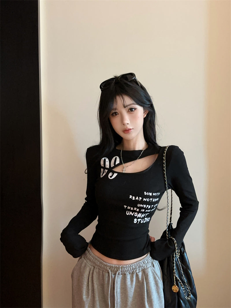 美式辣妹鏤空露鎖骨氣質上衣