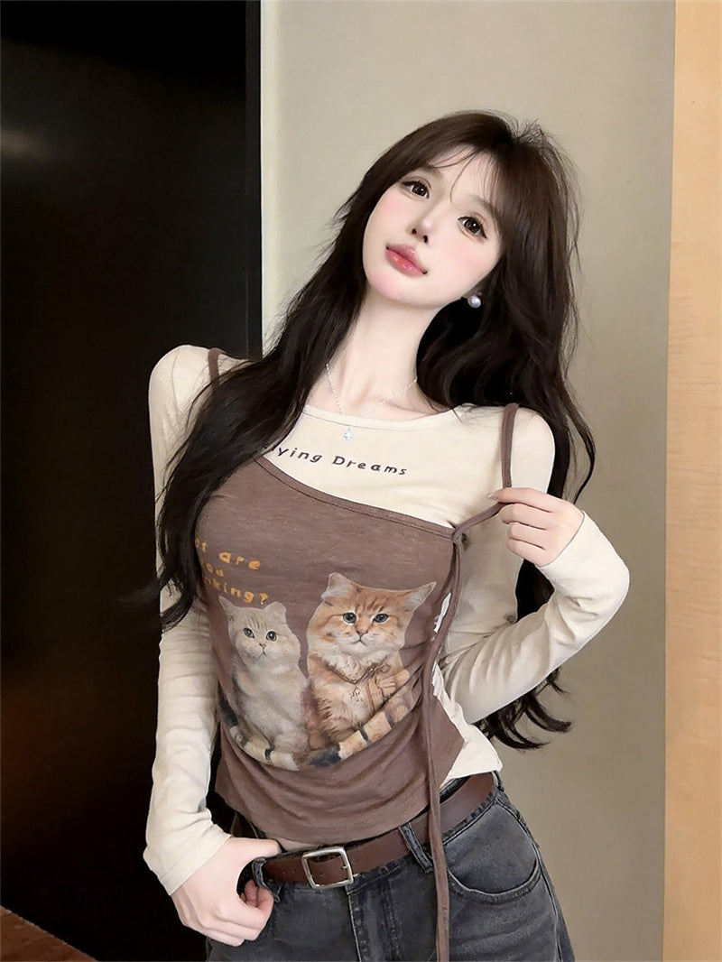 復古甜美貓咪印花撞色假兩件上衣