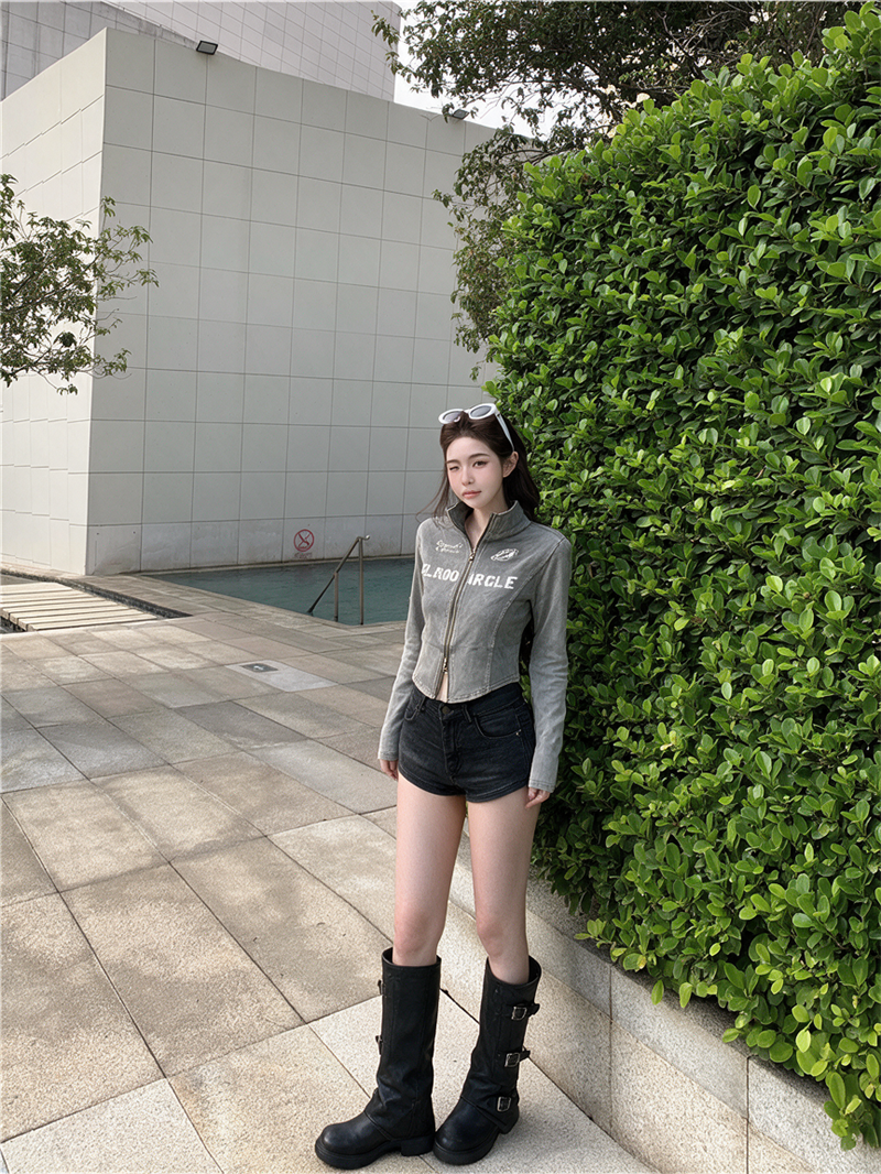 美式水洗立領拉鏈印花字母外套