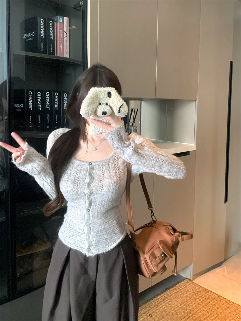 溫柔風圓領麻花拼接休閒上衣