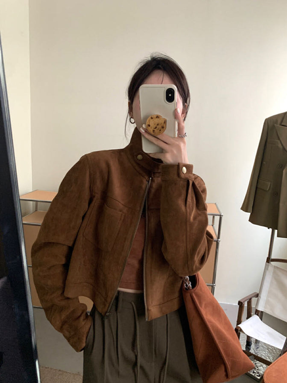 設計感皮絨氣質立領短外套