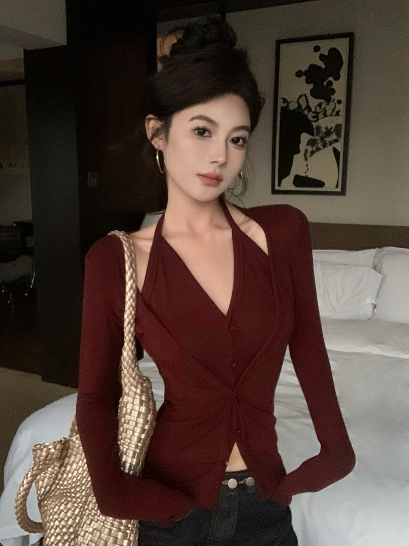 性感辣妹風吊帶掛脖假兩件上衣