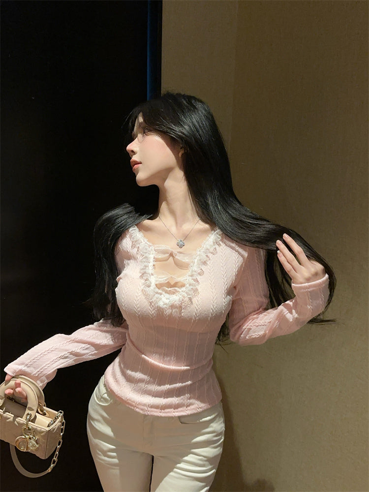 氣質甜酷辣妹花邊拼接蝴蝶結v領修身上衣