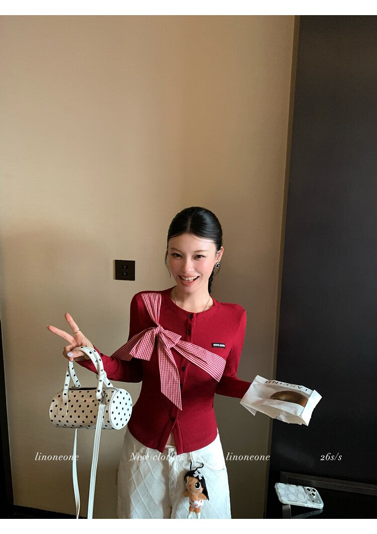 雙色格紋蝴蝶結設計感撞色針織上衣