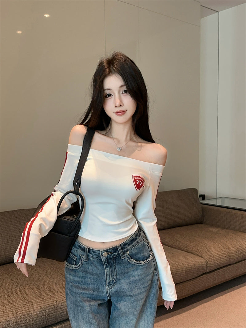 美式辣妹一字肩印花修身顯瘦上衣