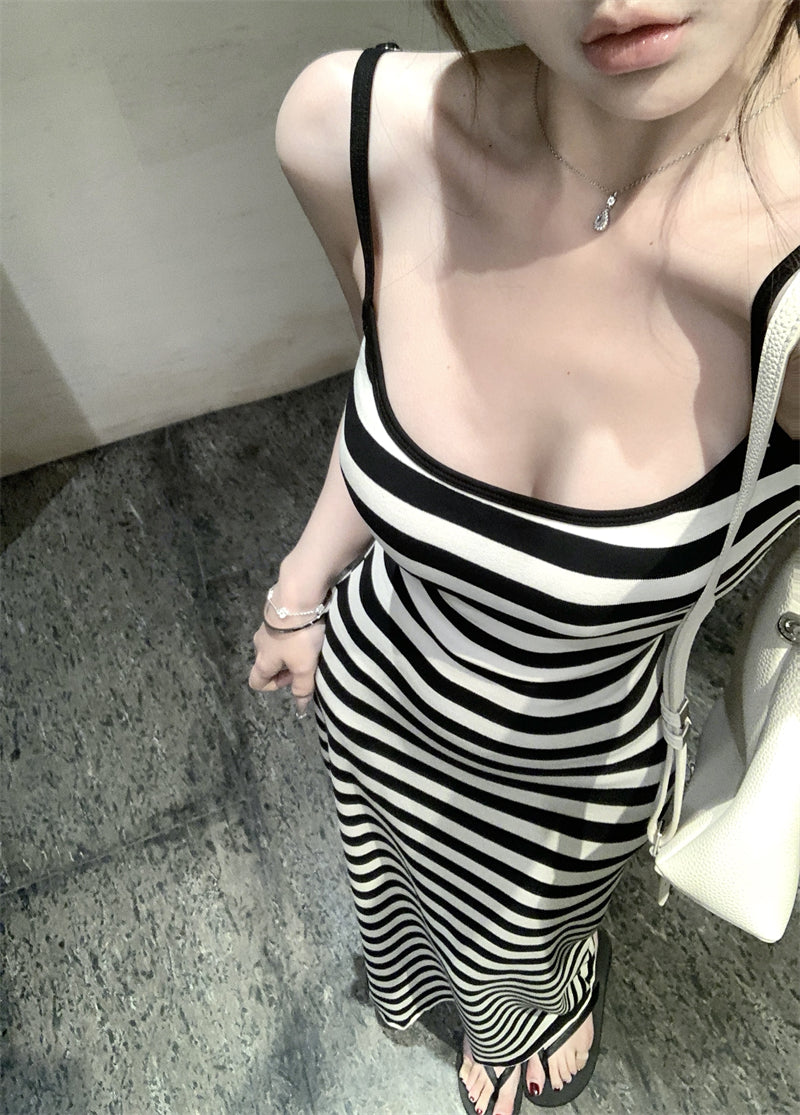 辣妹修身開叉露背條紋長裙