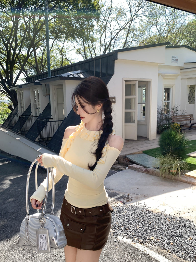 辣妹氣質圓領荷葉邊露肩修身上衣