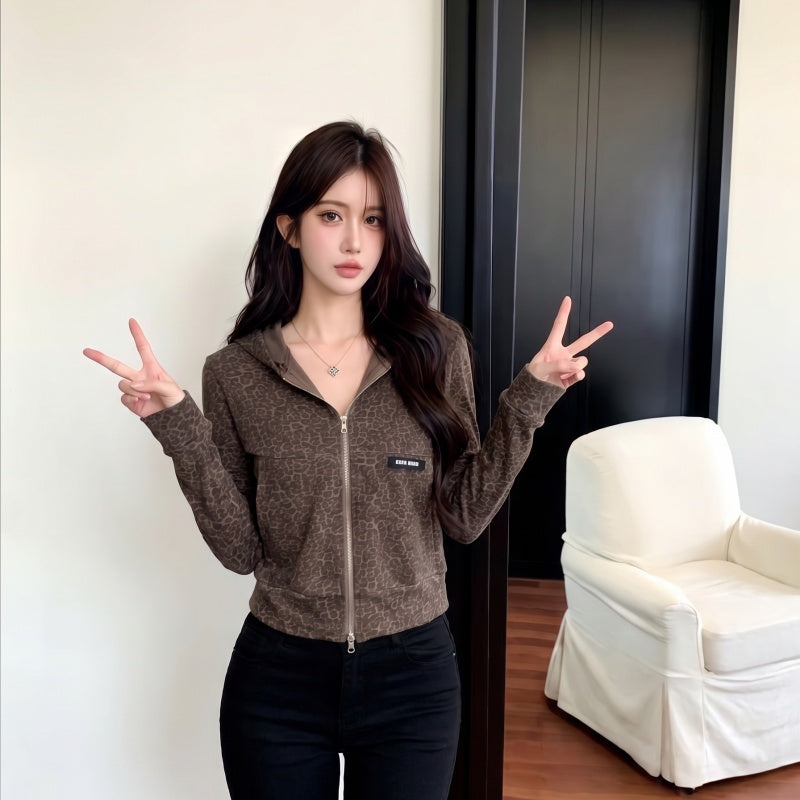 美式復古純欲辣妹豹紋連帽開衫