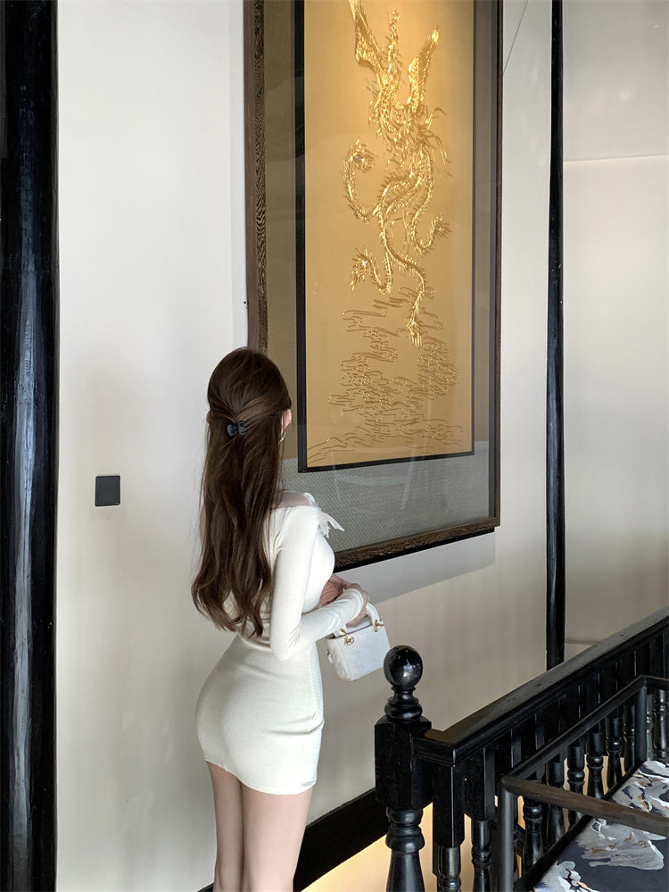 名媛風氣質立體花朵一字肩包臀連衣裙