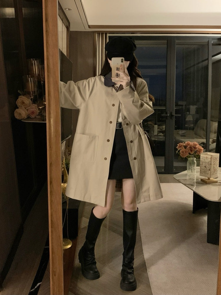 🐾拼接撞色卡其風衣外套💕春秋必備中長版外套