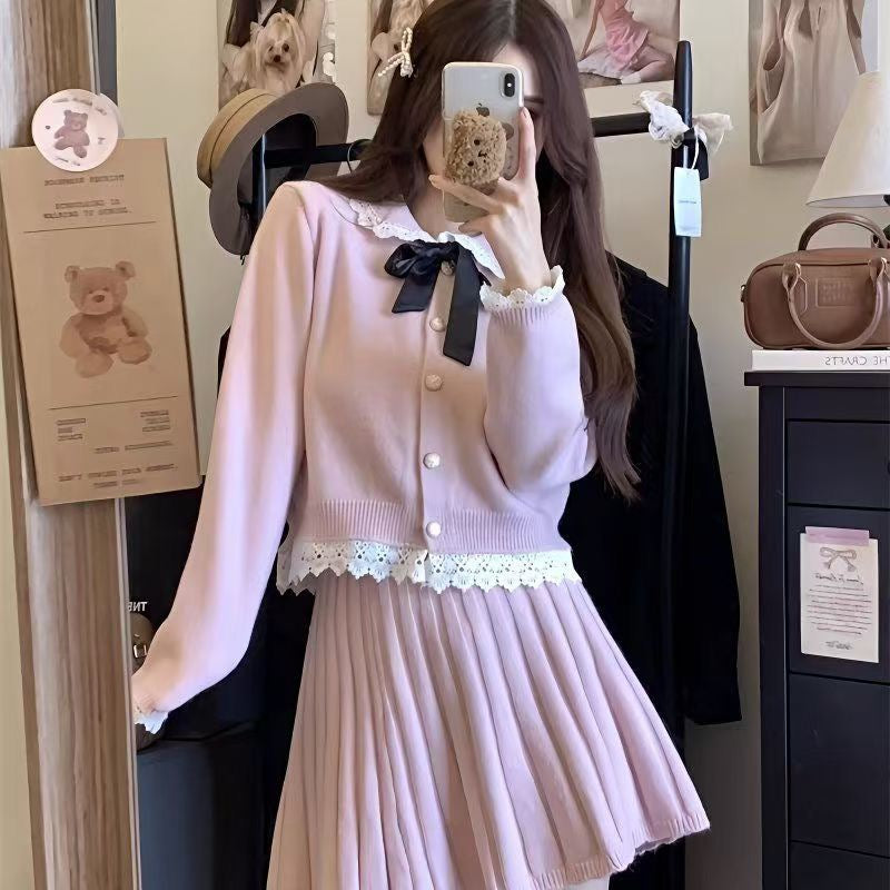 小香風蝴蝶結花邊百褶半身裙套裝